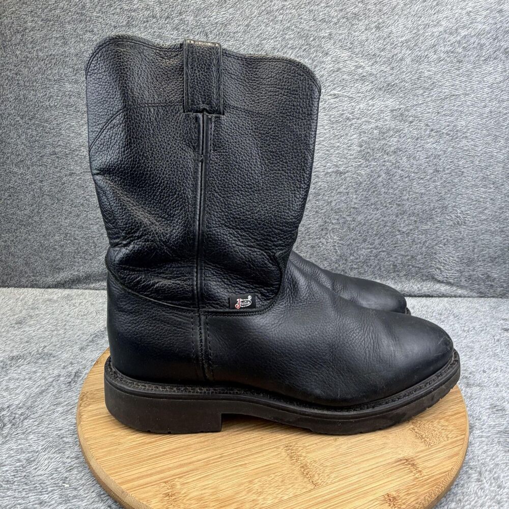 Justin Boots Mens Size 9 D Black Leather Western Workwear Pull On Oil Resisting